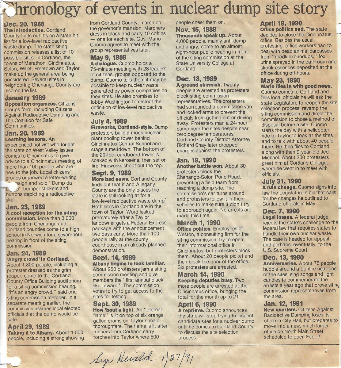Chronology of events from December 1988-January 1991